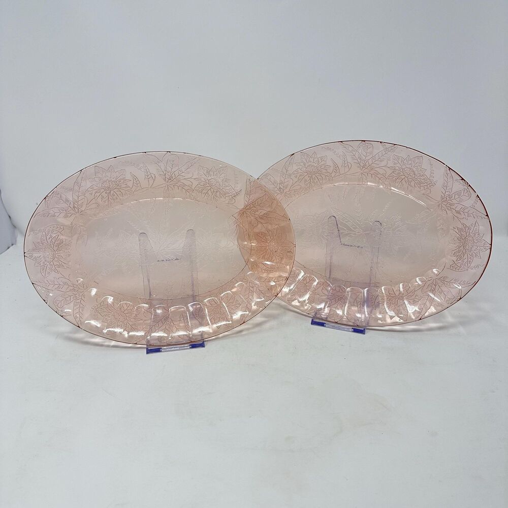 Vtg Jeannette Pink Depression Glass Poinsettia Floral Oval Platters 10.75" READ